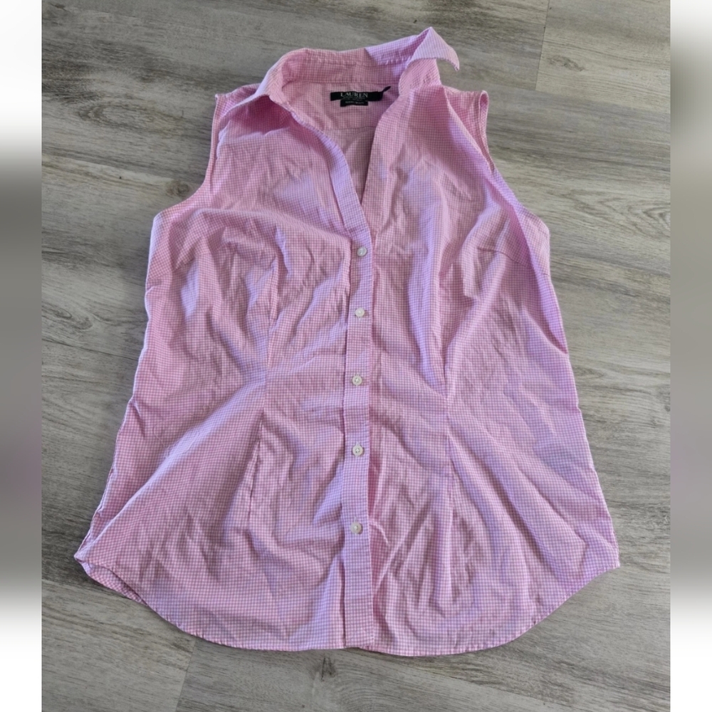 Ralph Lauren Sz M Pink Gingham Sleeveless Button Down Shirt